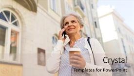  Presentation with happy retirement - Beautiful slide set featuring happy senior woman drinking coffee backdrop and a  colored foreground