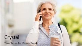  Presentation with happy retirement - Presentation design consisting of happy senior woman drinking coffee background and a  colored foreground