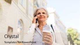  Presentation with happy retirement - Slide set with happy senior woman drinking coffee background and a  colored foreground