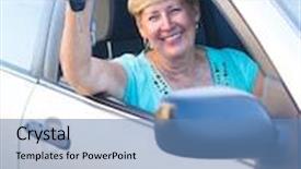  Presentation with driver - Audience pleasing PPT theme consisting of happy senior woman driver inside a car backdrop and a teal colored foreground