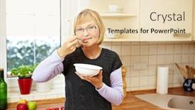  Presentation with muesli - Slides having happy senior woman eating muesli with fruits in the kitchen background and a lemonade colored foreground
