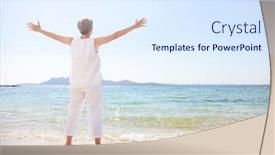  Presentation with happy retirement - Beautiful theme featuring happy-senior-woman-enjoying-freedom backdrop and a sky blue colored foreground