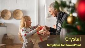  Presentation with girl christmas - Cool new slide set with happy senior woman giving christmas surprise to little girl at home excited granddaughter unpacking present under christams tree with old granny grandmother giving xmas gift to grandchild backdrop and a tawny brown colored foreground