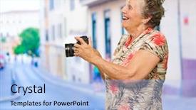  Presentation with happy smiling woman dental health - Amazing presentation having happy senior woman holding camera backdrop and a  colored foreground