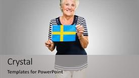  Presentation with multicultural senior citizen - Theme featuring happy senior woman holding sweden background and a light gray colored foreground