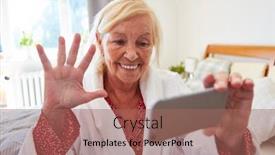  Presentation with video conference - Slide deck consisting of happy-senior-woman-in-nursing background and a coral colored foreground