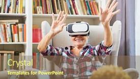  Presentation with senior living - Audience pleasing presentation theme consisting of happy-senior-woman-looks-video backdrop and a coral colored foreground