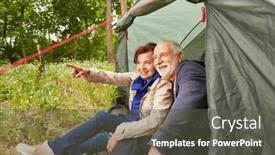  Presentation with tent - Slide set featuring happy-senior-woman-pointing background and a dark gray colored foreground