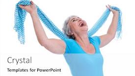  Presentation with stretching - Cool new presentation design with happy-senior-woman-stretching backdrop and a white colored foreground