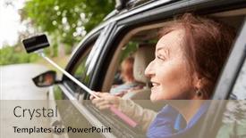  Presentation with road trip - PPT layouts featuring happy-senior-woman-taking-selfie background and a coral colored foreground