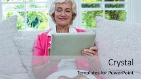  Presentation with using digital tablet - Presentation having happy senior woman using digital background and a  colored foreground