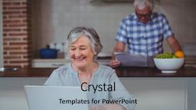  Presentation with laptop - Beautiful PPT layouts featuring happy senior woman using laptop backdrop and a  colored foreground