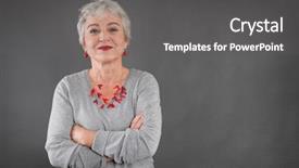  Presentation with menopause - Colorful slide deck enhanced with happy senior woman with arms backdrop and a gray colored foreground