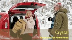  Presentation with snowboard - Slide set consisting of happy-senior-woman-with-backpack background and a tawny brown colored foreground