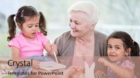  Presentation with handicraft - Slide set consisting of happy senior woman with granddaughters making handicraft at home background and a coral colored foreground