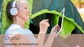  Presentation with camping - Cool new slides with happy-senior-woman-with-headphones backdrop and a coral colored foreground