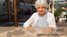  Presentation with travel cafe - PPT theme consisting of happy senior woman with map background and a  colored foreground