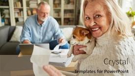  Presentation with senior living - PPT theme enhanced with happy-senior-woman-with-receipt background and a coral colored foreground