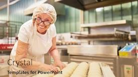  Presentation with experience - PPT theme consisting of happy-senior-woman background and a coral colored foreground