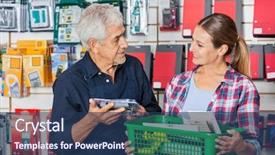  Presentation with senior worker - Beautiful theme featuring happy senior worker with female customer holding tools in hardware shop backdrop and a ocean colored foreground