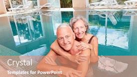  Presentation with swimming pool - PPT theme featuring happy-seniors-couple-on-vacation background and a coral colored foreground
