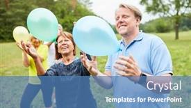  Presentation with summer party - Theme having happy-seniors-play-with-balloons background and a teal colored foreground