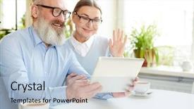  Presentation with physical activity seniors active senior - PPT layouts enhanced with happy seniors with tablet chatting background and a light blue colored foreground