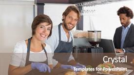  Presentation with servers - PPT theme enhanced with happy servers preparing sandwiches together at the coffee shop background and a violet colored foreground