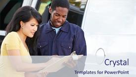  Presentation with courier delivery - Audience pleasing presentation theme consisting of happy service - customer signing for delivery backdrop and a sky blue colored foreground