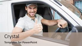  Presentation with delivery van - Beautiful PPT theme featuring happy service - delivery driver showing thumbs up backdrop and a soft green colored foreground