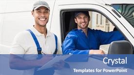  Presentation with understanding customer - Slide deck consisting of happy service - delivery man getting signature background and a ocean colored foreground