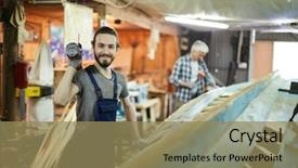  Presentation with shipbuilding - Audience pleasing PPT theme consisting of happy shipbuilding master with power backdrop and a coral colored foreground