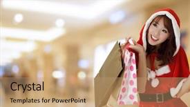  Presentation with online shopping store - Cool new slide deck with happy shopping girl wearing christmas backdrop and a coral colored foreground