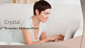  Presentation with social isolation - Amazing presentation theme having happy short-haired woman using backdrop and a soft green colored foreground