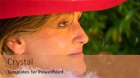  Presentation with advertising - Amazing presentation having happy-showy-young-woman backdrop and a coral colored foreground