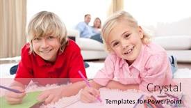  Presentation with drawing on wood - Slide set featuring happy siblings drawing lying on the floor in the living-room background and a coral colored foreground