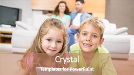  Presentation with siblings - Beautiful presentation featuring happy siblings lying on the rug using a tablet at home in living room backdrop and a coral colored foreground