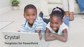  Presentation with siblings - Amazing presentation design having happy siblings lying on the floor using laptop at home in the living room backdrop and a light gray colored foreground