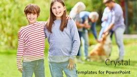  Presentation with siblings - Presentation design featuring happy-siblings-on-the-lawn background and a yellow colored foreground