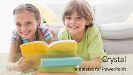  Presentation with siblings - PPT layouts enhanced with happy siblings reding book background and a coral colored foreground