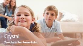  Presentation with siblings - Audience pleasing PPT theme consisting of happy siblings using a tablet computer with their parents on the background in a living room backdrop and a coral colored foreground