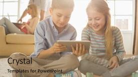  Presentation with siblings - Audience pleasing slides consisting of happy siblings using digital tablet backdrop and a coral colored foreground