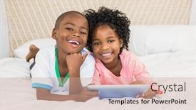  Presentation with siblings - Cool new PPT layouts with happy siblings using tablet on bed at home backdrop and a coral colored foreground