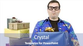  Presentation with salesman - Colorful presentation enhanced with happy silly salesman with some boxes isolated on white backdrop and a teal colored foreground