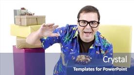  Presentation with salesman - PPT theme featuring happy silly salesman with some boxes isolated on white background and a ocean colored foreground