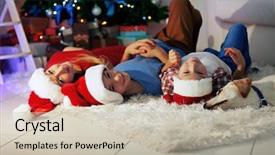  Presentation with dog christmas - Audience pleasing slide deck consisting of happy sister and brothers with dog lying on the floor in decorated christmas room backdrop and a soft green colored foreground