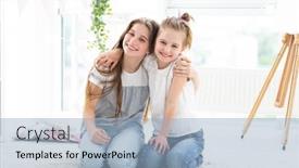  Presentation with floor - Audience pleasing slide deck consisting of happy-sisters-hugging-sitting backdrop and a light blue colored foreground