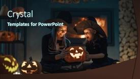  Presentation with kids candy - PPT theme enhanced with happy-sisters-on-halloween-funny background and a wine colored foreground