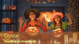  Presentation with kids candy - Theme consisting of happy-sisters-on-halloween-funny background and a tawny brown colored foreground