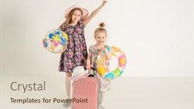  Presentation with suitcase - Audience pleasing PPT layouts consisting of happy sisters stand near a suitcase with a circle and a ball in his hands backdrop and a lemonade colored foreground